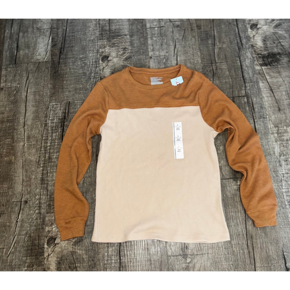 Cat & Jack Boys Long Sleeve Thermal Waffle Knit Colorblock Brown Cream 10/12